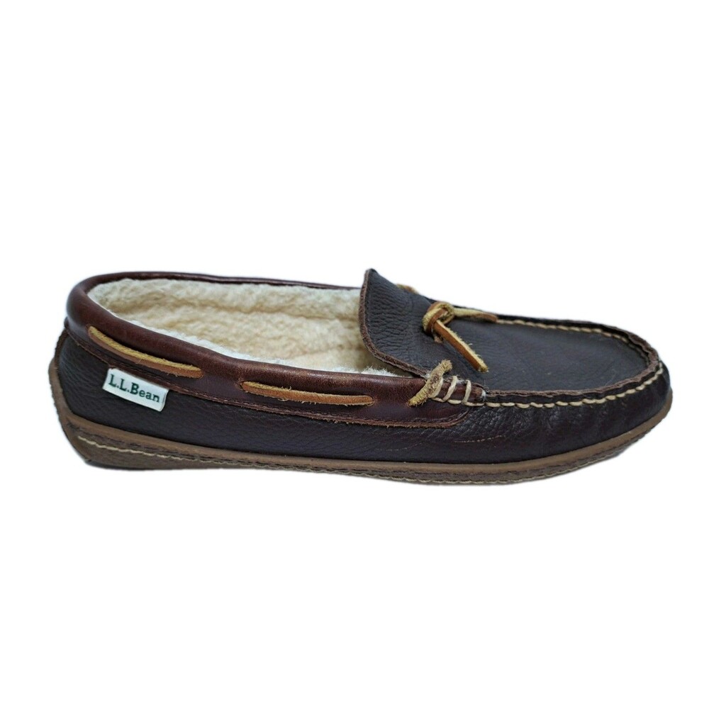 LL Bean Men's 8 Wicked Good Leather Shearling Moccasin Brown Slippers - Picture 4 of 10